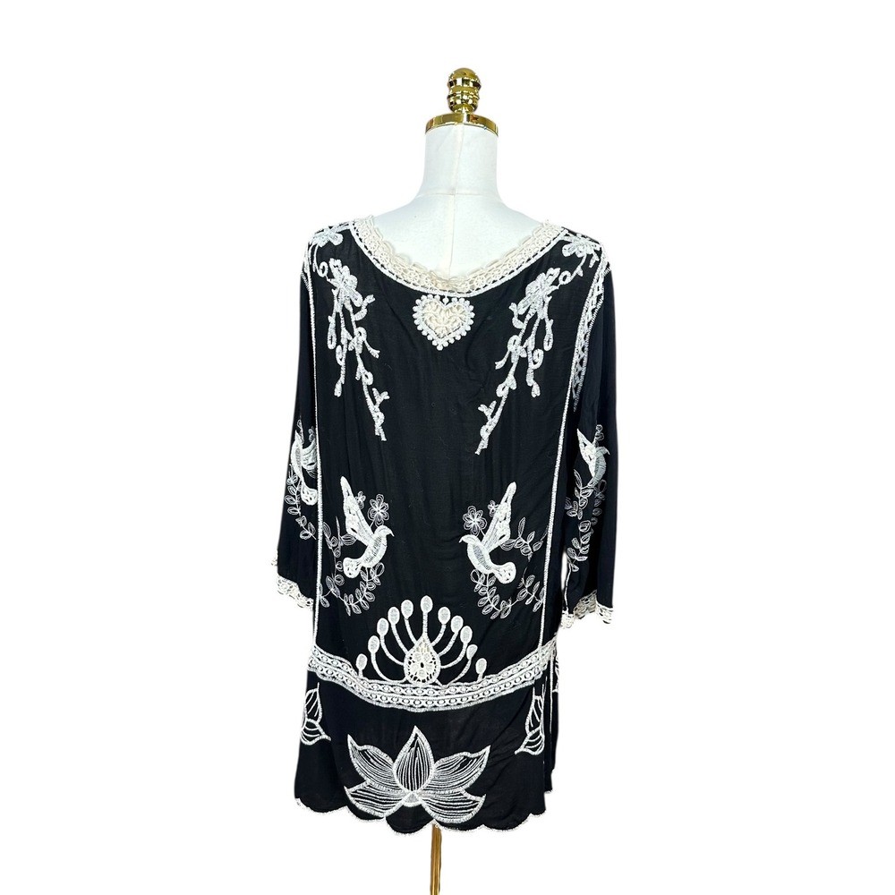 Boho Embroidered Bird Heart Lace Trim V-Neck Tunic Dress Black White 3/4 Sleeve - Picture 4 of 8